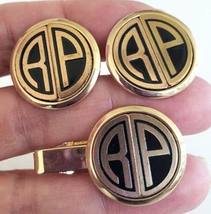 Vintage Letters RP Black Enamel Gold Tone Cufflinks 7/8" & Tie Bar 1-7/16" Set - Picture 1 of 5