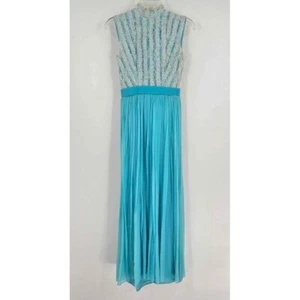 Nadine Damen 5 Vintage Aqua Chiffon hochgeschlossen weiß Spitze Mieder Plissee Maxikleid - Bild 1 von 9