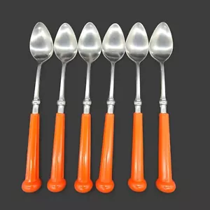 Oxford Hall Stainless Flatware 8.5 SpoonS Orange Plastic Handle Japan Set Of 6 - Picture 1 of 12