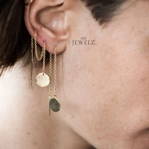 14K massiv Gold Scheibe Stab Tropfen Kette minimalistisch Einfädler Ohrringe-zum Verschenken  - Bild 1 von 4