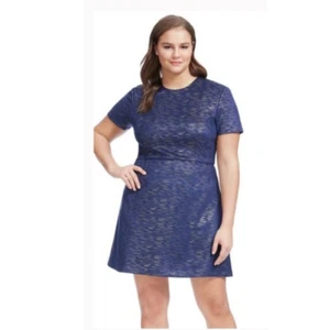 Hutch x Anthropologie Kunstwildleder Fit and Flare Kleid in blau/gold, Größe 2X - Bild 1 von 15