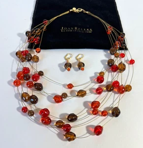 JOAN RIVERS Beaded Floating NECKLACE & Drop EARRINGS Orange MultiStrand Designer - Picture 1 of 17