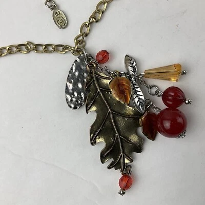 Autumn Fall Theme Charms Cluster Pendant Necklace Red Carnelian Enamel Leaves - Image 1 of 4