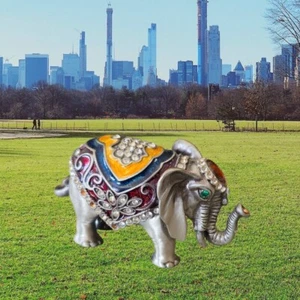 Jeweled Enameled Pewter Elephant  w/ Crystals Hinged Trinket Box 3 1/2" L × 2" H - Picture 1 of 4