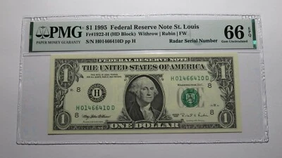 $1 1995 Radar Serial Number Federal Reserve Currency Bank Note Bill PMG UNC66EPQ - Image 1 of 3