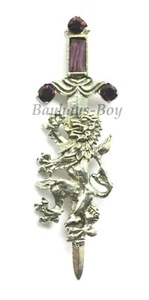 Miracle KILT PIN BROOCH LION SWORD PEWTER ANTIQUE FINISH FAUX AMETHYST UK MADE - Picture 1 of 7