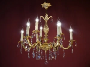 ANTIQUE CHANDELIER BRASS GOLD BRONZE CRYSTAL GLASS Ø 26" LIGHTINGS FIXTURES - Picture 1 of 4