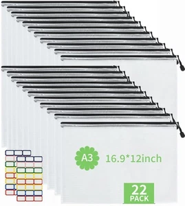 22Pcs A3 Size-16.9"x 12" Large Mesh Zipper Pouch with Label Sticker, Plastic ... - Picture 1 of 6