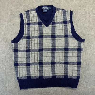 Antigo Colete Suéter Ralph Lauren Masculino Grande Xadrez Azul POLO GOLF 100% Lã de Cordeiro - Imagem 1 de 4