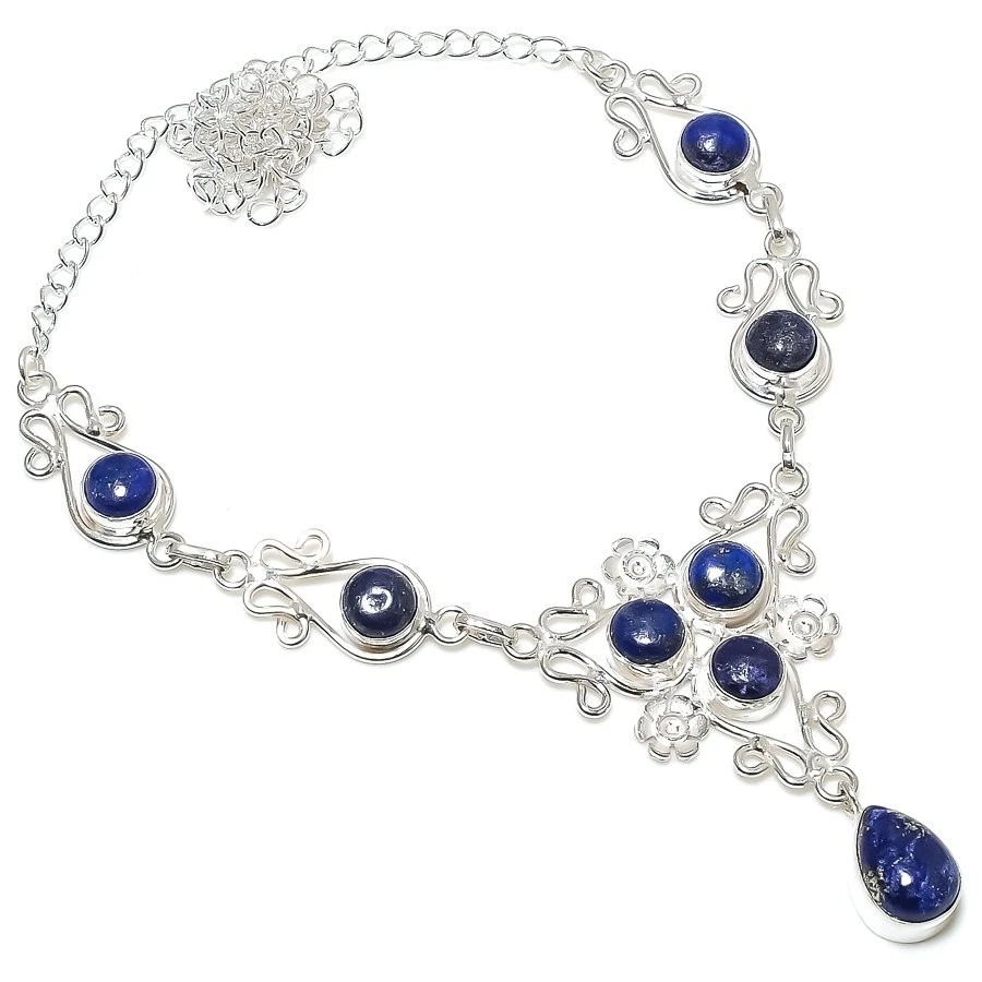 Colar de joias de prata esterlina 925 feito à mão com pedra preciosa lápis-lazúli tamanho 18" - Imagem 1 de 1