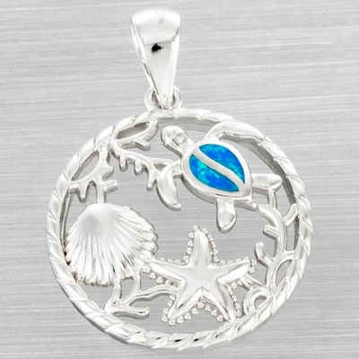 Sea Turtle Shell Starfish Ocean Blue Fire Opal Silver Jewelry Necklace Pendant - Image 1 of 4