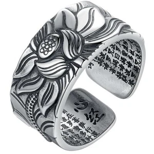 Ring Silver Lotus Flower Women Free Heart Sutra Size open jewelry Gift - Picture 1 of 11