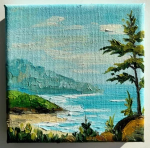 Original Acrylic Painting on Canvas, 4x4 – Coastal Landscape, Handmade - Picture 1 of 4
