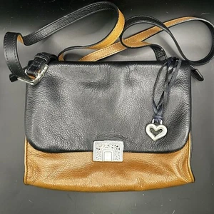 Brighton Leather Crossbody Bag Purse Black Brown Silver Heart Charm Long Strap - Picture 1 of 7