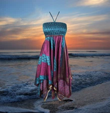 Women's Beach Sundress, Luxe Halter Dress, Teal Blue Purple Print, Bohemian S/M