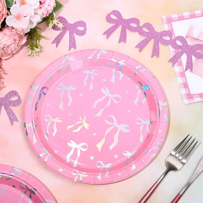 Platos de papel desechables con lazo rosa coqueta 50 piezas 9 pulgadas con solapa plateada iridiscente... Foto 1 de 4