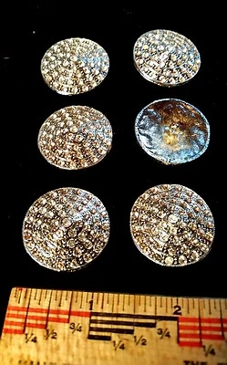 6 large  silver tone & crystal rhinestone  buttons, shank, (1 1/4" =32mm), metal - Image 1 of 3