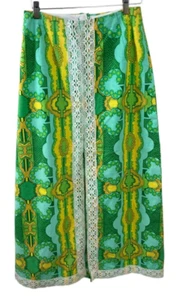 Vintage Meadowbank Green Yellow Lace Trim Maxi Skirt Size 14 Retro Palm Beach - Picture 1 of 4