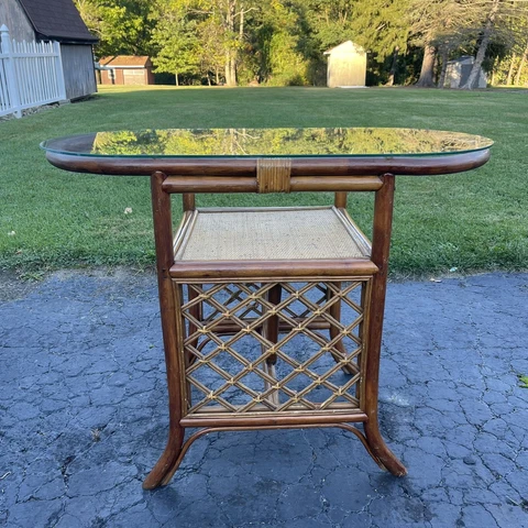 Vtg Bamboo Rattan Table Glass Top Oval 1970s Boho Cover