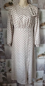 River Island Cream Jacquard Brown Polka Dot Midi Long Sleeve Dress Size 8 BNWT - Picture 1 of 5