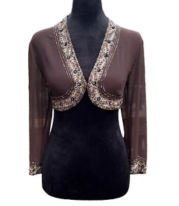 JKARA Sheer Beaded Shrug Cardigan Sz 10 P Close Front Crop Sequin Fairy Vntg Y2k - Picture 1 of 7