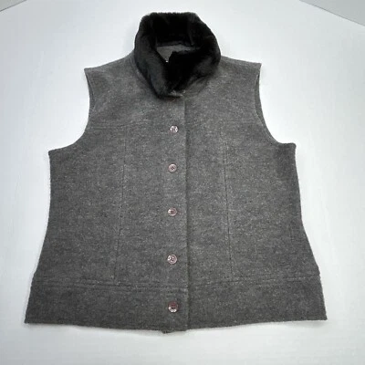 Talbots Vest Women's Medium Petite MP Gray Wool Detachable Black Faux Fur Collar - Image 1 of 4