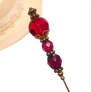 8 inch HATPIN with 3 RED Vintage Sparkling CRYSTALS in Old Brass Finish Setting - Picture 1 of 11