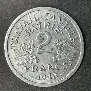 1943 FRANCE COIN 2 FRANCS VICHY FRENCH STATES WW2 WWII ALUMINUM OBJECTSYOULOVE - Picture 1 of 2