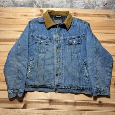 Chaqueta de Camionero Denim Forrada Cuello Cuero Azul Desteñido Lavado Oscuro Lee De Colección Grande Foto 1 de 4
