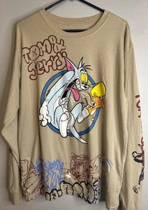 Tom & Jerry Hemd Herren XL Langarm beige mit Grafik auf Vorderseite & Ärmeln - Bild 1 von 10