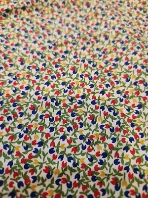 Tecido de algodão vintage 1yd X 44" vermelho azul amarelo tulipas no branco - Imagem 1 de 2