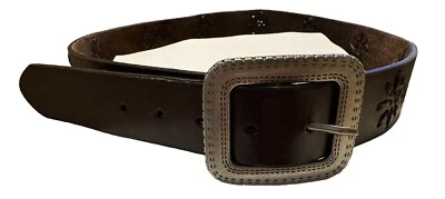 Cinturón Mujer Cuero Marrón Tejido Detalle Detalle con Hebilla Plateada Tooled Grande 1.75 Foto 1 de 4