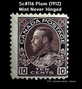 *MINT, NEVER HINGED* Canada Sc#116 Geo V ADMIRAL Issue (1912) 10c Plum - Picture 1 of 3
