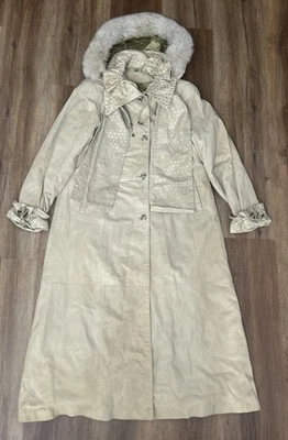 GMG Pelle натуральной кожи бежевый пальто с капюшоном с меховой отделкой Sz S винтажный - Изображение 1 из 4