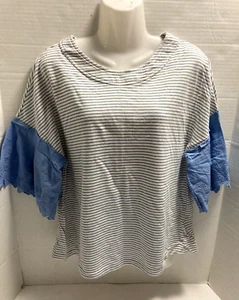 Gilli Striped Blouse Top Pullover Floral Embroidered Accents Blue Size M New - Picture 1 of 11