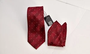 Hisdern Luxury Tie + Handkerchief Burgundy w/White dots w 3 1/2" L 58 1/2 NWT - Picture 1 of 7