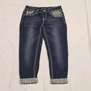 Jr. Girls Capri Jeans Sz 8 Vanilla Star Adjustable Waist Embroidery Cuffed Hem - Picture 1 of 7
