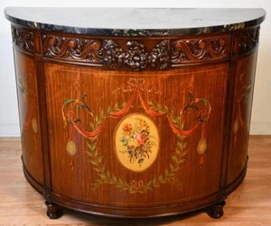 1910 Antique French Walnut & Satinwood Hand painted and Marble topDemi-lune - Picture 1 of 15