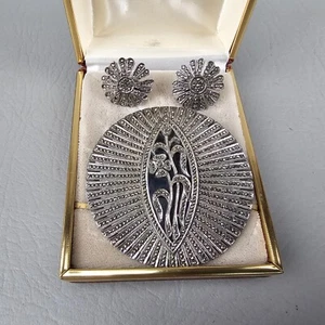 Broche y pendientes grandes de ónix negro marcasita de plata de ley KD con marca vintage - Imagen 1 de 6