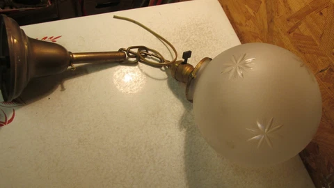 Antique Brass Pendant Light Fixture & Wheel Cut Globe Cover