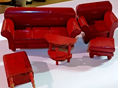 Muebles de salón para casa de muñecas de madera roja de 5 piezas vintage años 30 STROMBECKERS Foto 1 de 4