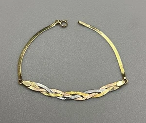 Hermoso Brazalete Fino .585 Oro Amarillo Sólido 14K Tri Color Tejido Estate 6 3/4" - Imagen 1 de 5