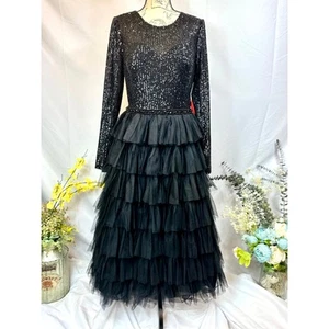 Vestido Ieena for Mac Duggal Manga Larga Volantes Niveles Largo Té Negro 12 - Imagen 1 de 16