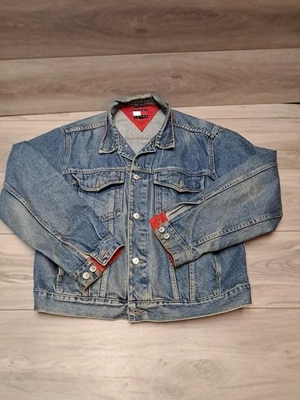 Vintage Y2k Tommy Hilfiger Logo Flag Denim Jean Trucker Jacket Men's L Blue Red - Image 1 of 4