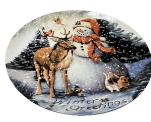 Snowman 10” Plate Winter Greetings Reindeer Bunny Rabbits Christmas Tree Birds - Picture 1 of 3