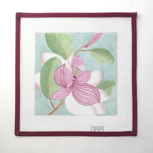 ARB Handpainted Needlepoint Canvas Magnolia Flower Purple White Blossom 18 Mesh - Picture 1 of 3