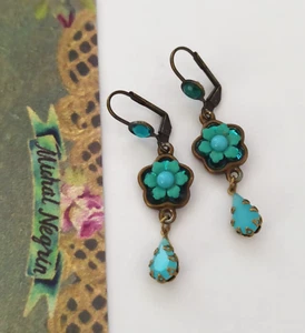 Michal Negrin Earrings Turquoise Blue With Swarovski Crystals Flower Gift Long - Picture 1 of 13