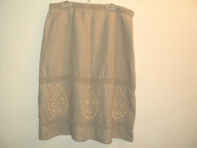 Emanuel Ungaro Skirt Size Medium Beige Linen, Beads & Lace Accent, Below Knees - Image 1 of 4