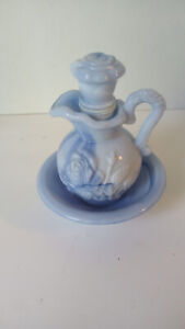 Vtg Avon Victorian Blue Milk Glass Pitcher and Bowl Bubble Bath Decanter (empty.