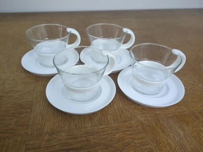 Set of 4 - Retro Bodum Glass Coffee Tea Mugs White Plastic Handle w/ Coasters Foto 1 de 4